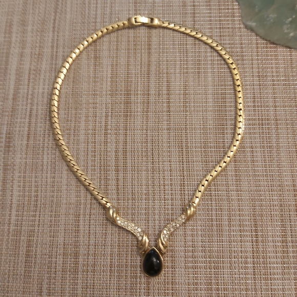 Vintage choker gold black stone necklace rhinestones 15" - Picture 3 of 9